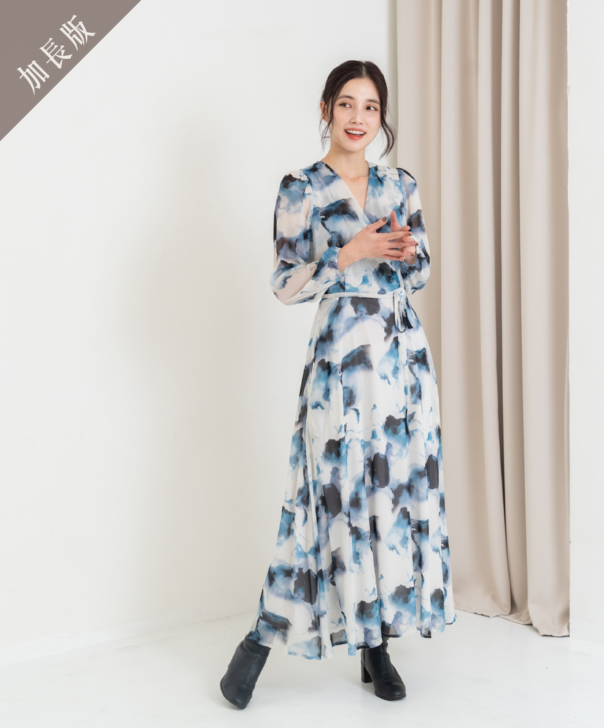 GT Print 印花長袖透布長洋裝-加長版