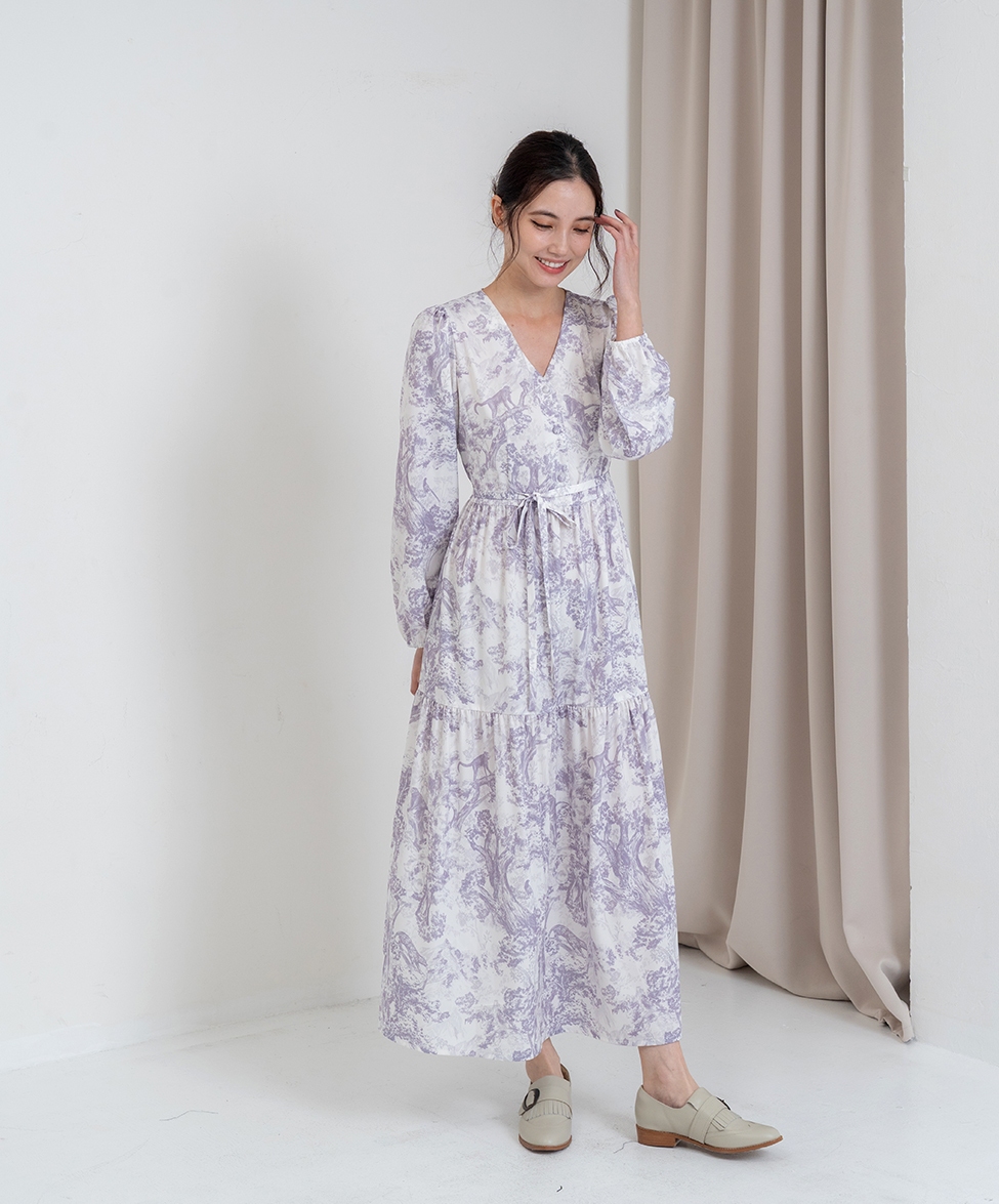 GT Print 長袖V領蛋糕長洋裝