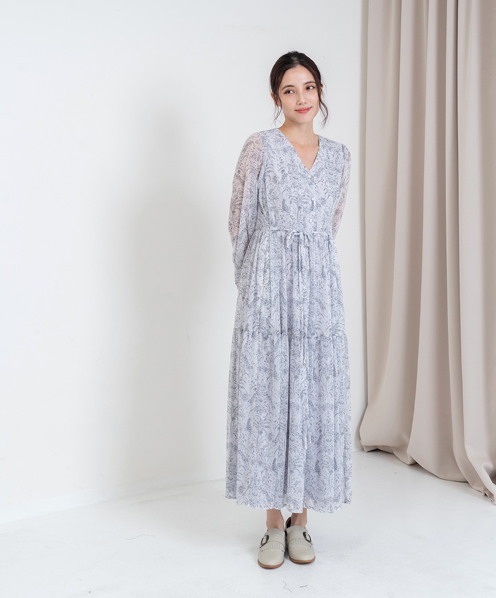 GT Print 長袖V領蛋糕長洋裝