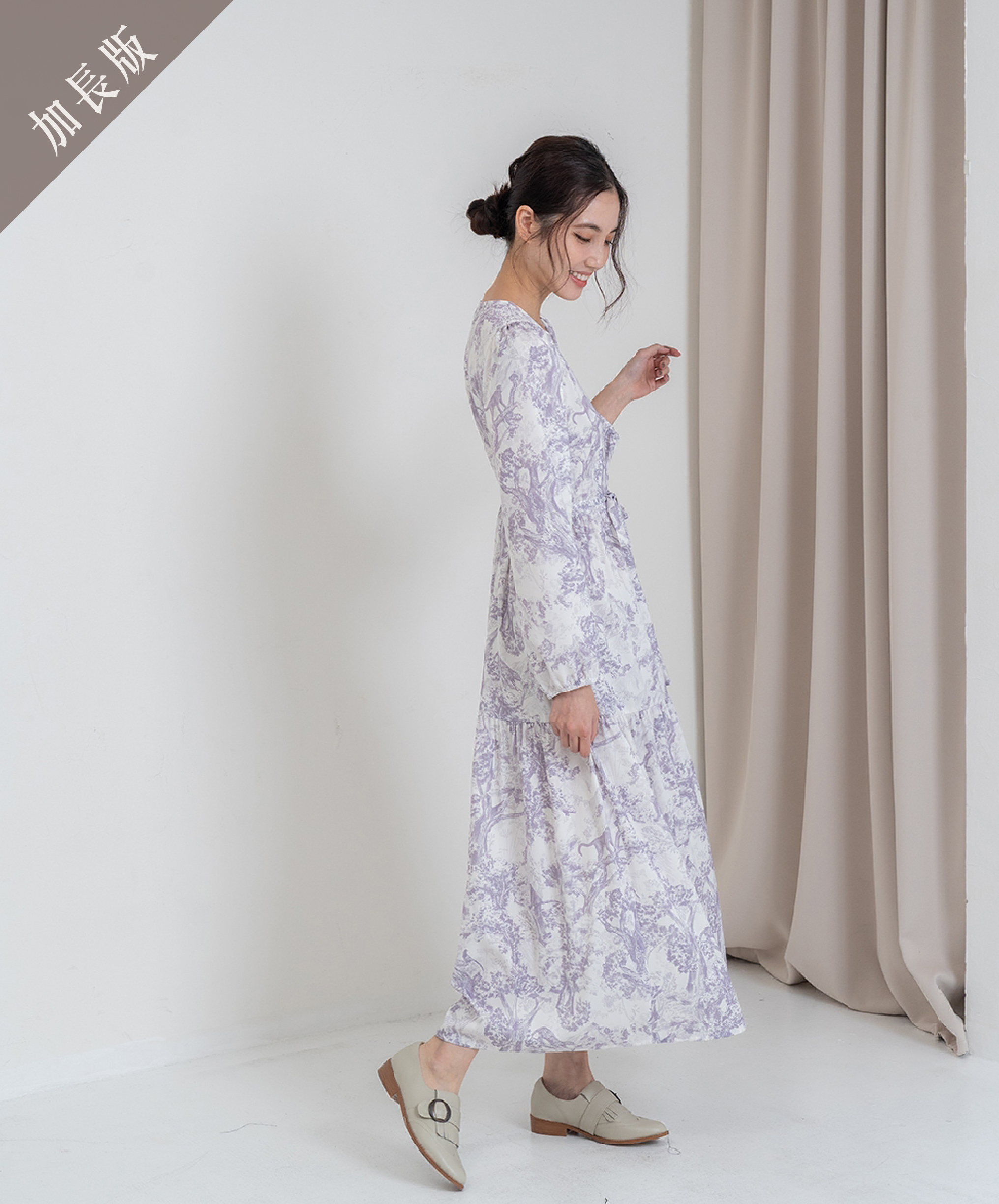 GT Print 長袖V領蛋糕長洋裝-加長版