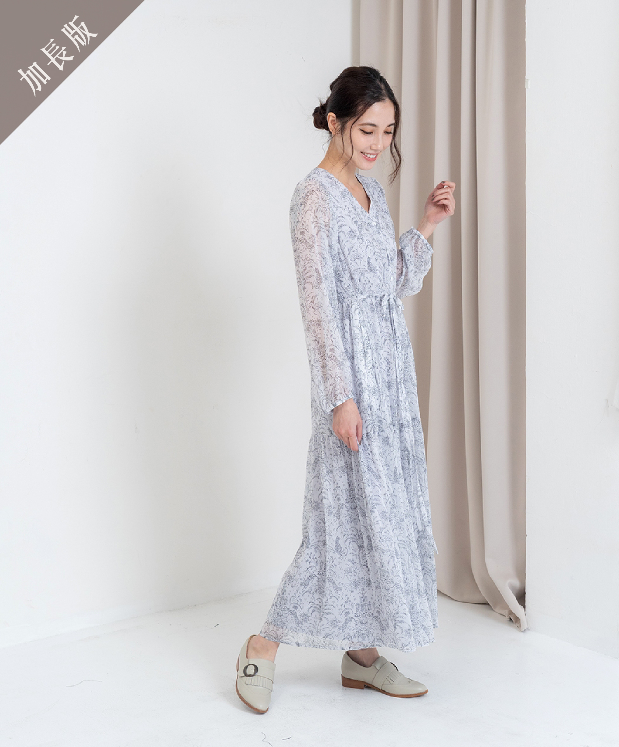 GT Print 長袖V領蛋糕長洋裝-加長版