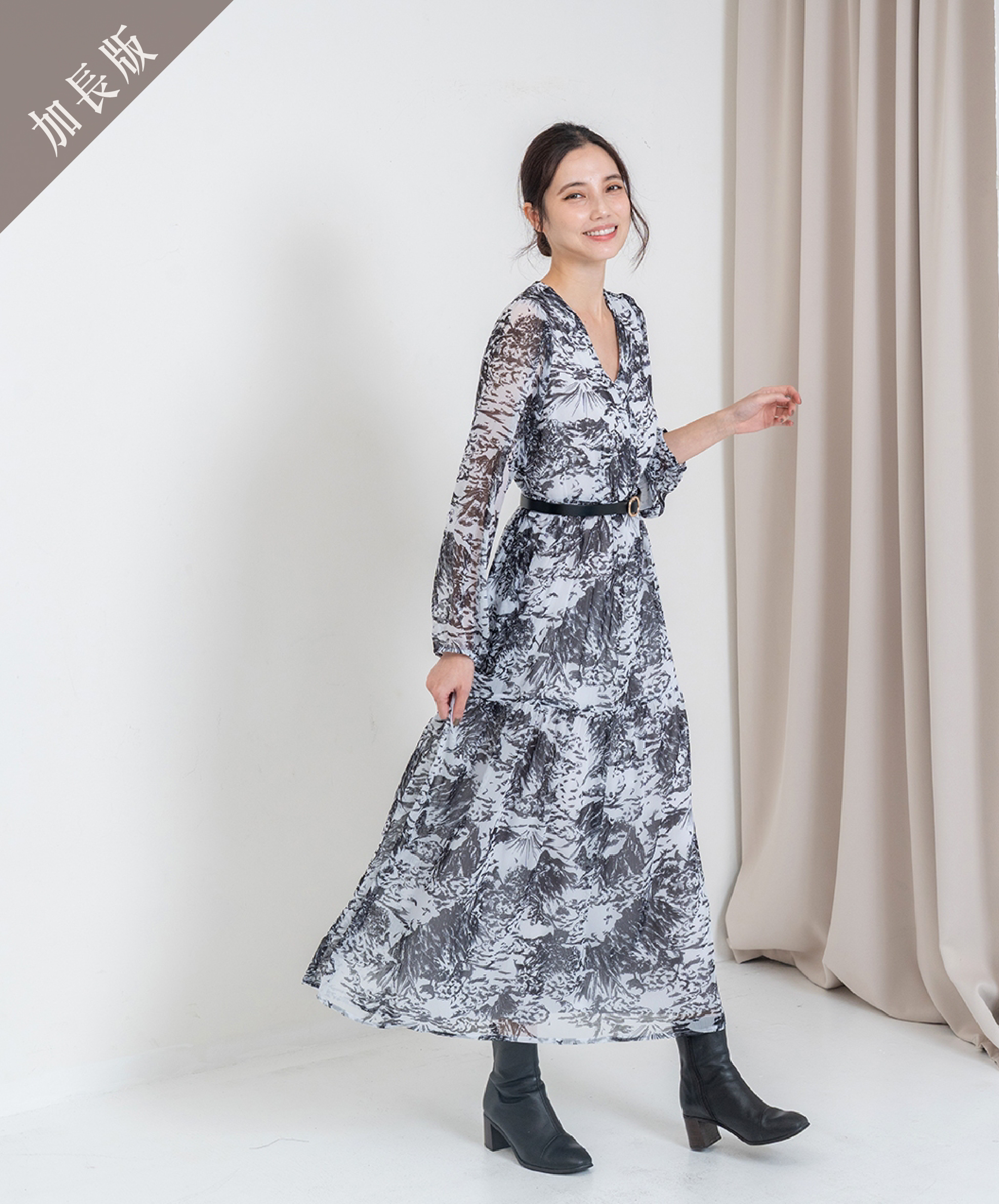 GT Print 長袖V領蛋糕長洋裝-加長版